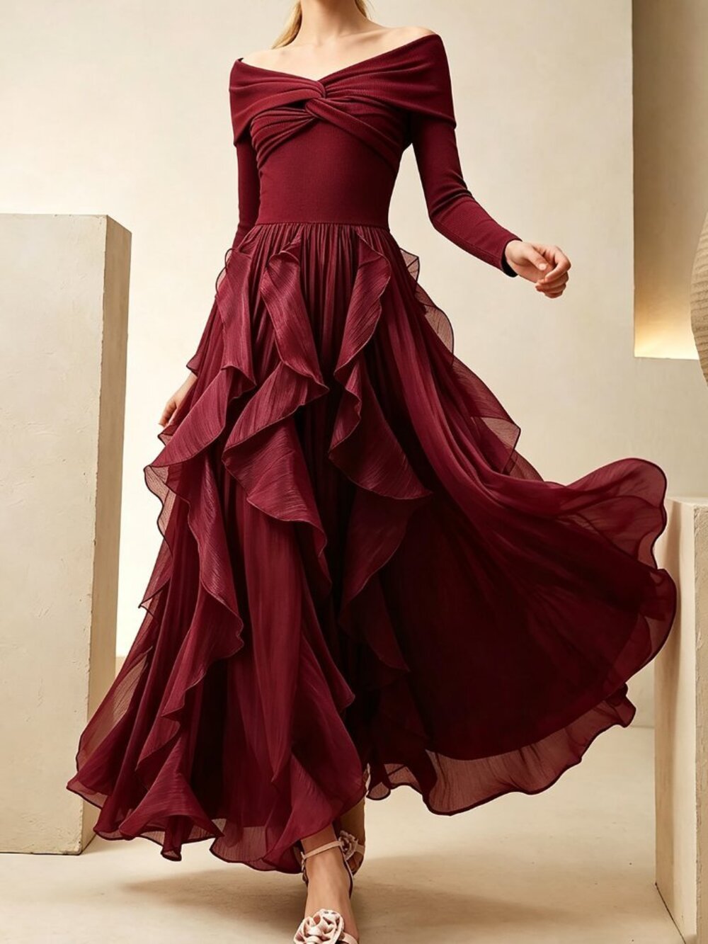 Burgundy Women's Party Off-Shoulder Zipper Ruffle Hem A-Line Long Dress - Picture 6 of 7